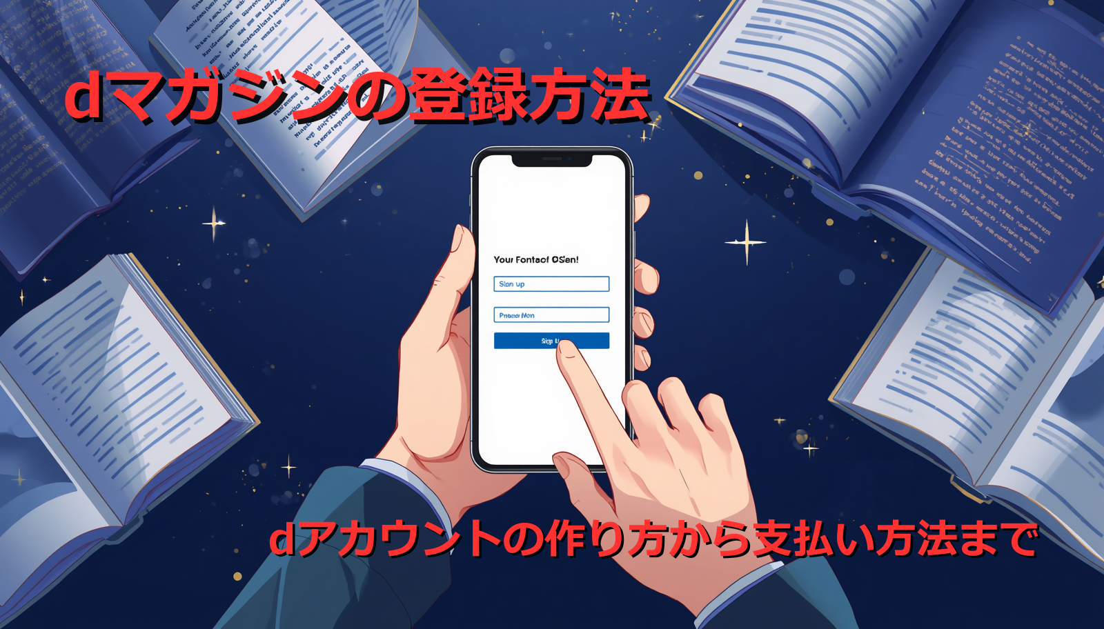 ネイビーとゴールドを基調としたアニメ調の背景に、開かれた本や雑誌が浮き立つ中、スマートフォンで会員登録画面を操作している手のイラスト。上部に「dマガジンの登録方法」、下部に「dアカウントの作り方から支払い方法まで」の赤文字。